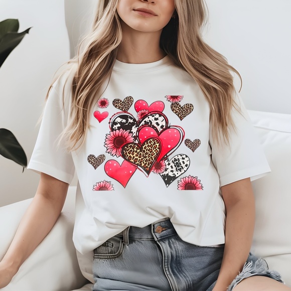 Valentine's T-shirt hearts Animal print Cow Leopard New S M L XL Pink - Picture 5 of 6